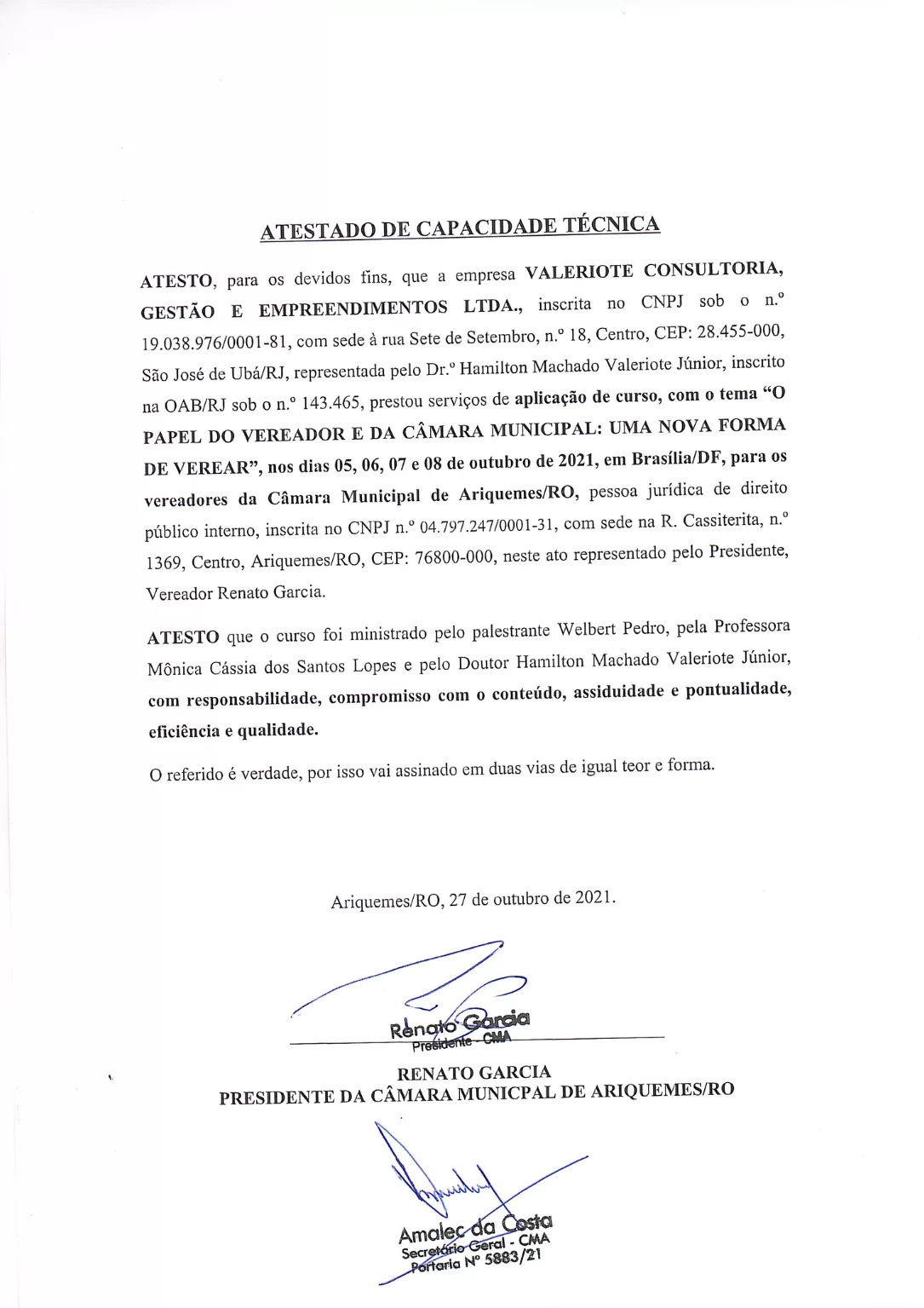 Atestado Câmara Ariquemes RO II