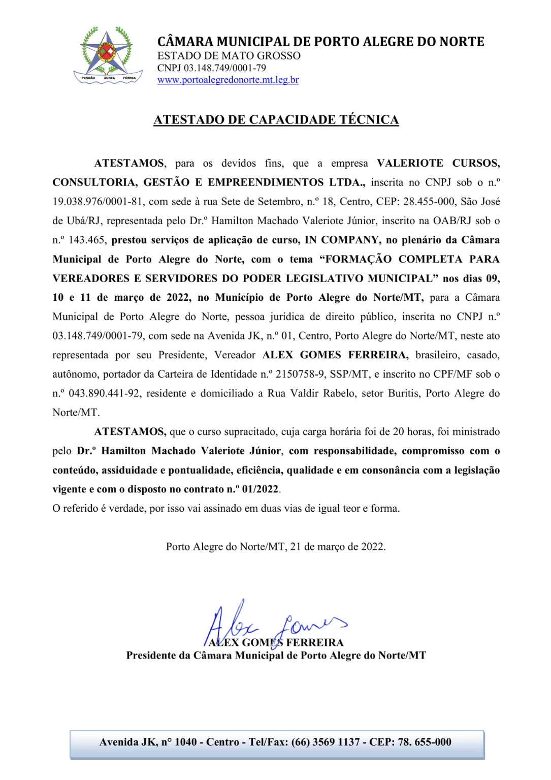 Atestado Câmara Porto Alegre do Norte MT - Curso In company - Formação de Vereadores e Assessores