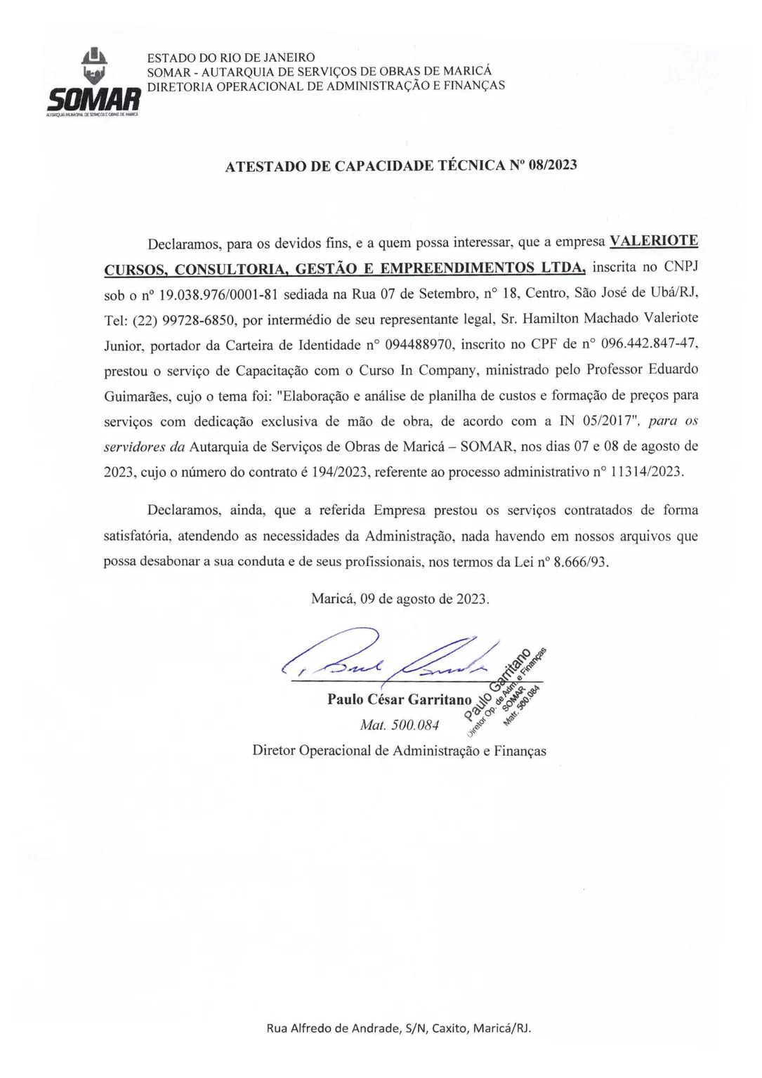 Atestado Capacidade Técnica IN 05-207 SOMAR - Maricá-RJ