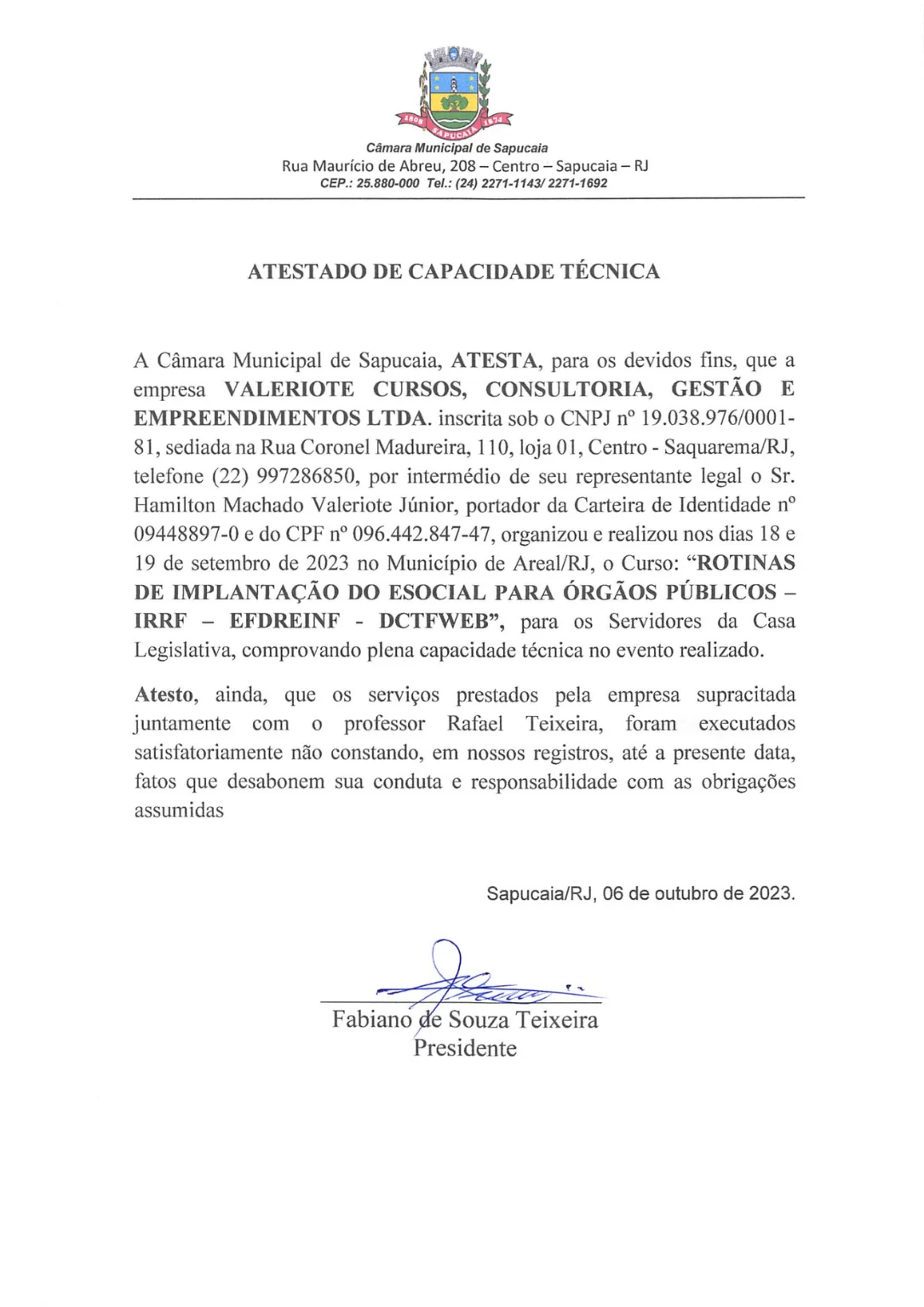 Atestado de Capacidade Técnica - CM Sapucaia RJ (eSocial)