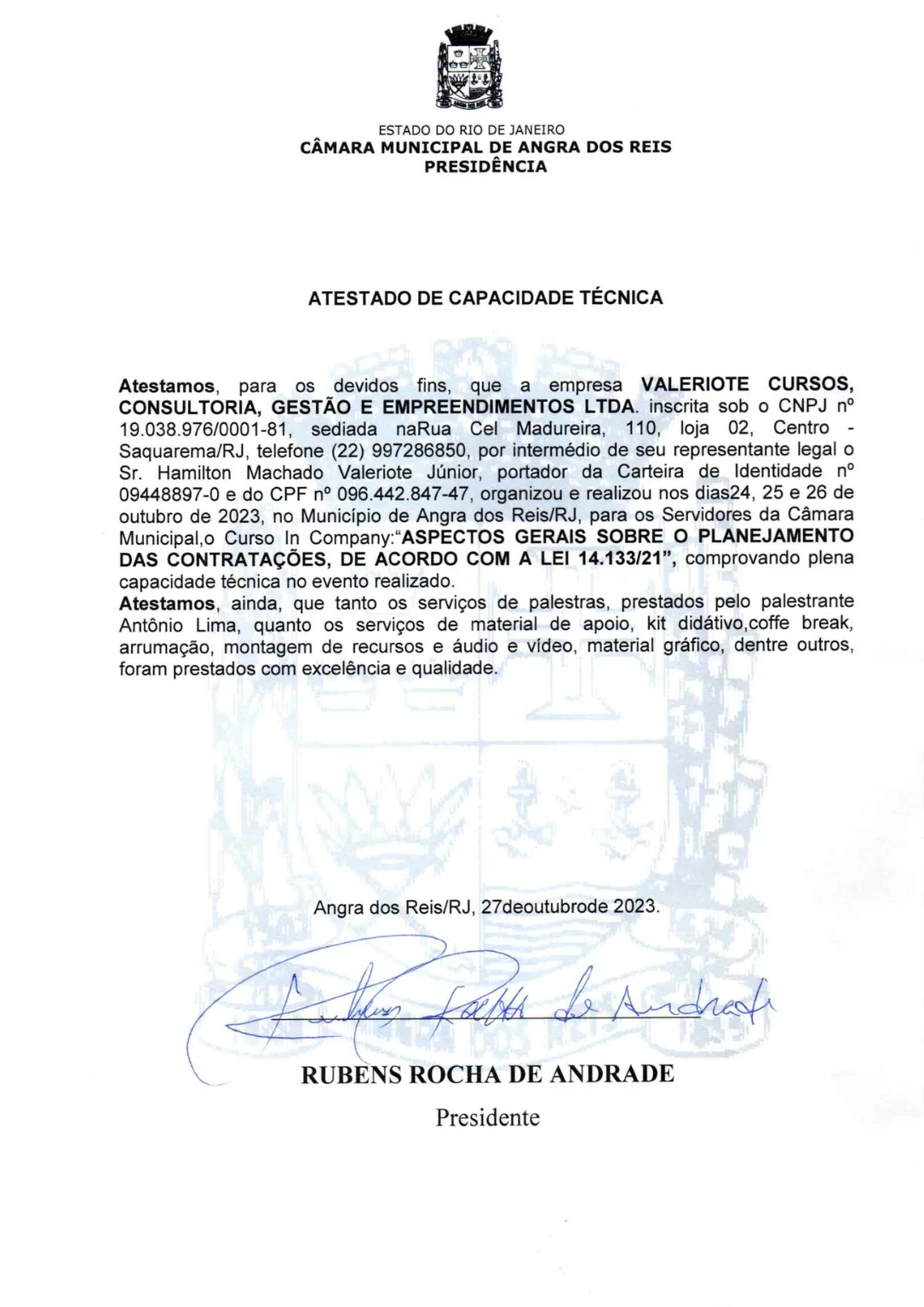 Atestado de Capacidade Técnica In Company Angra dos Reis-RJ