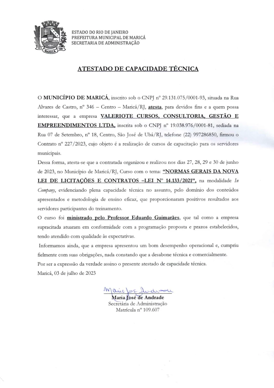Atestado de Capacidade Técnica de Márica - Adm Normas Gerais da NLLC