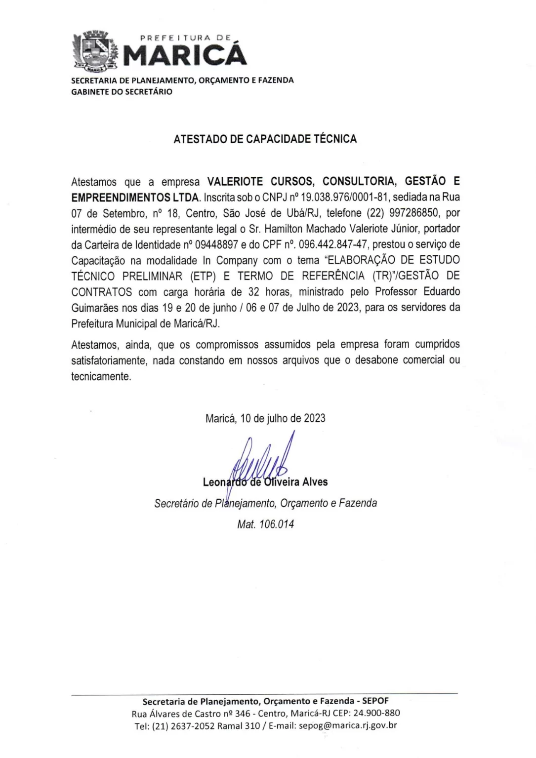Atestado de Capacidade Técnica de Márica - ETP e TR e Gestão de Contratos